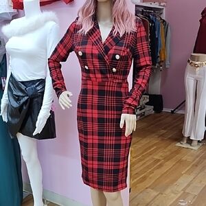 Red and Black Plaid Double-Breasted Dress